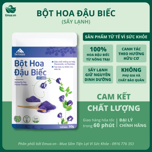 Bột Hoa Đậu Biếc Sấy Lạnh - Butterfly Pea Flower Powder gói 50g, bột sấy lạnh nguyên chất từ TH Foods - Emua.vn