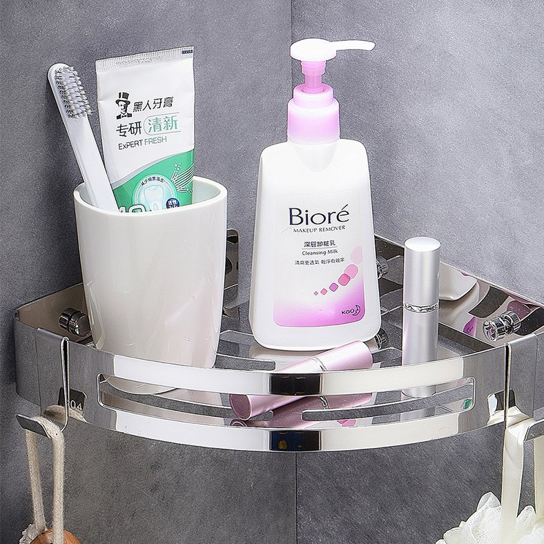 Kệ góc phòng tắm inox sus 304 gắn tường có móc treo đồ - giá góc tam giác inox cao cấp  + Kèm Full ốc vít nở đi kèm dễ dàng lắp đặt.