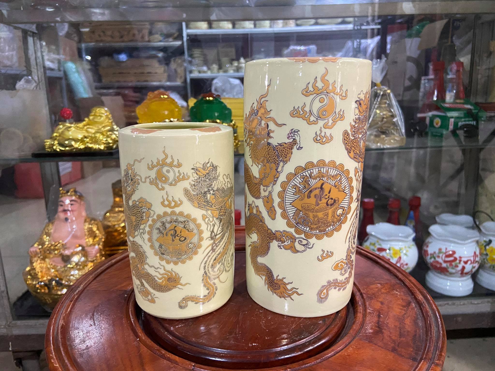 Ống cắm hương men vàng rồng