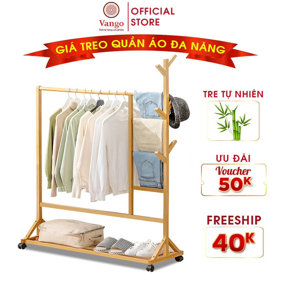 Giá Kệ Treo Quần Áo Thông Minh Bằng Gỗ Tre Tự Nhiên VANGO V5 - Giá Kệ Để Đồ Đa Năng Có Chỗ Để Giày Dép, Để Đồ Cực Tiện Lợi, Phong Cách Nội Thất Hiện Đại, Sang Trọng