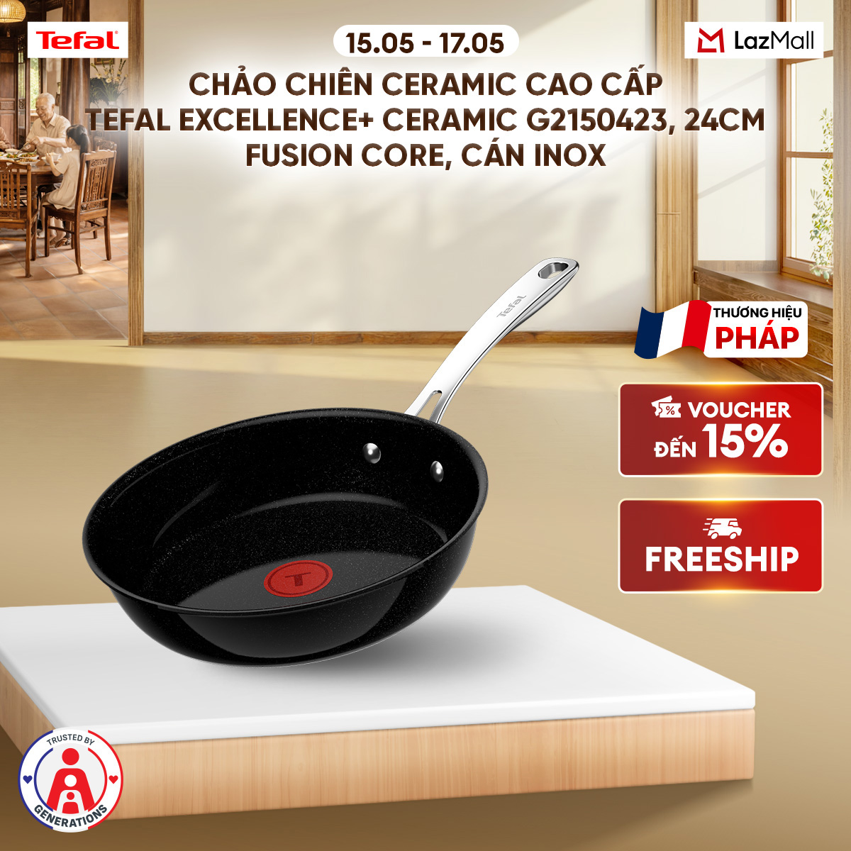 Chảo chiên ceramic cao cấp Tefal EXCELLENCE+ CERAMIC G2150423, 24cm, Fusion Core, cán inox