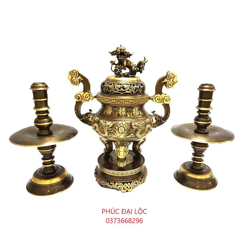 Đồ thờ tam sự đỉnh tròn rồng phượng bằng đồng số 3 cao 55 cm 2 công nghệ 2 màu