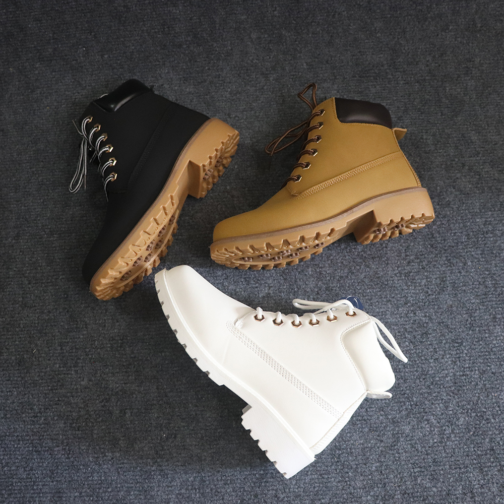 Giày boot nữ Martin cổ ngắn cột dây màu trắng, vàng bò ĐẾ THẤP 3CM cho style HIỆN ĐẠI, TRẺ TRUNG GBN185