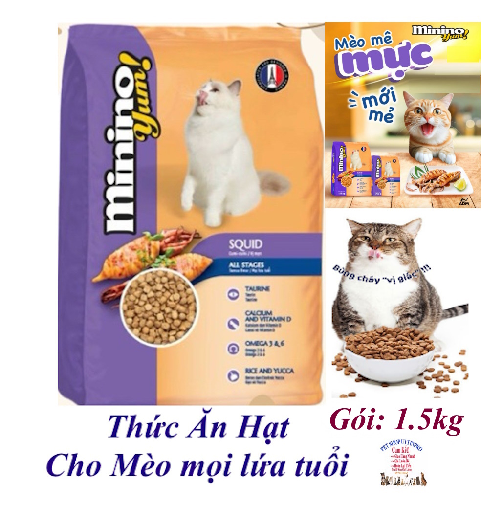 (Gói 1.5kg) Thức ăn hạt cho Mèo mọi lứa tuổi Minino yum Vị mực Hỗ trợ tiêu hóa Tăng cường miễn dịch Bổ sung dinh dưỡng