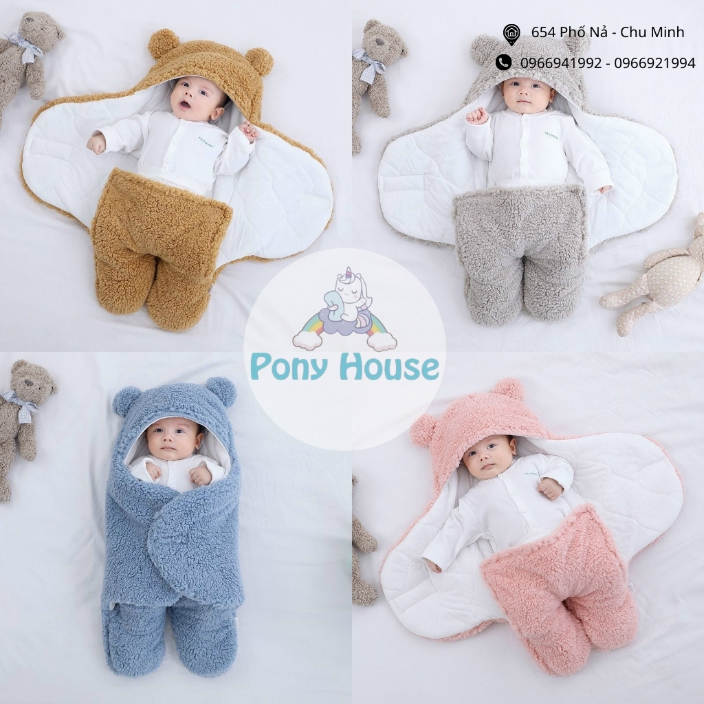 Chăn ủ gấu lông cừu có chân cho bé loại dày 3 lớp siêu ấm cho bé sơ sinh 0 - 3 tháng