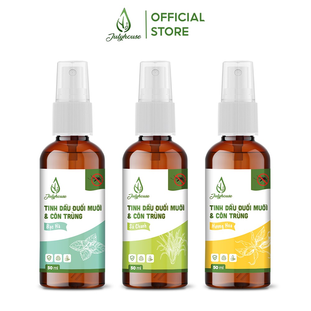 [HCM]Combo 3 bình xịt phòng tinh dầu đuổi muỗi và khử mùi Sả chanh Bạc Hà và Hương hoa 50ml/chai JULYHOUSE