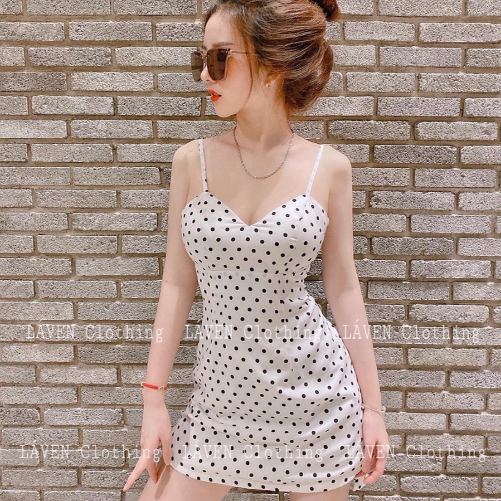 váy body 2 dây kiểu mới chấm bi dáng suông màu sắc nhã nhặn thật sự phù hợp đi đến công sở dự tiệc thời trang nữ