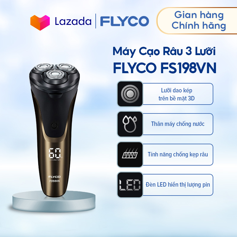 Máy cạo râu FLYCO FS198VN 3 lưỡi kép - Chống nước toàn thân - Sạc nhanh 1 giờ - Hiển thị lượng pin - Mạ hợp kim siêu bền chống xước - Thiết kế sang trọng - Bảo hành 2 năm - Hàng chính hãng
