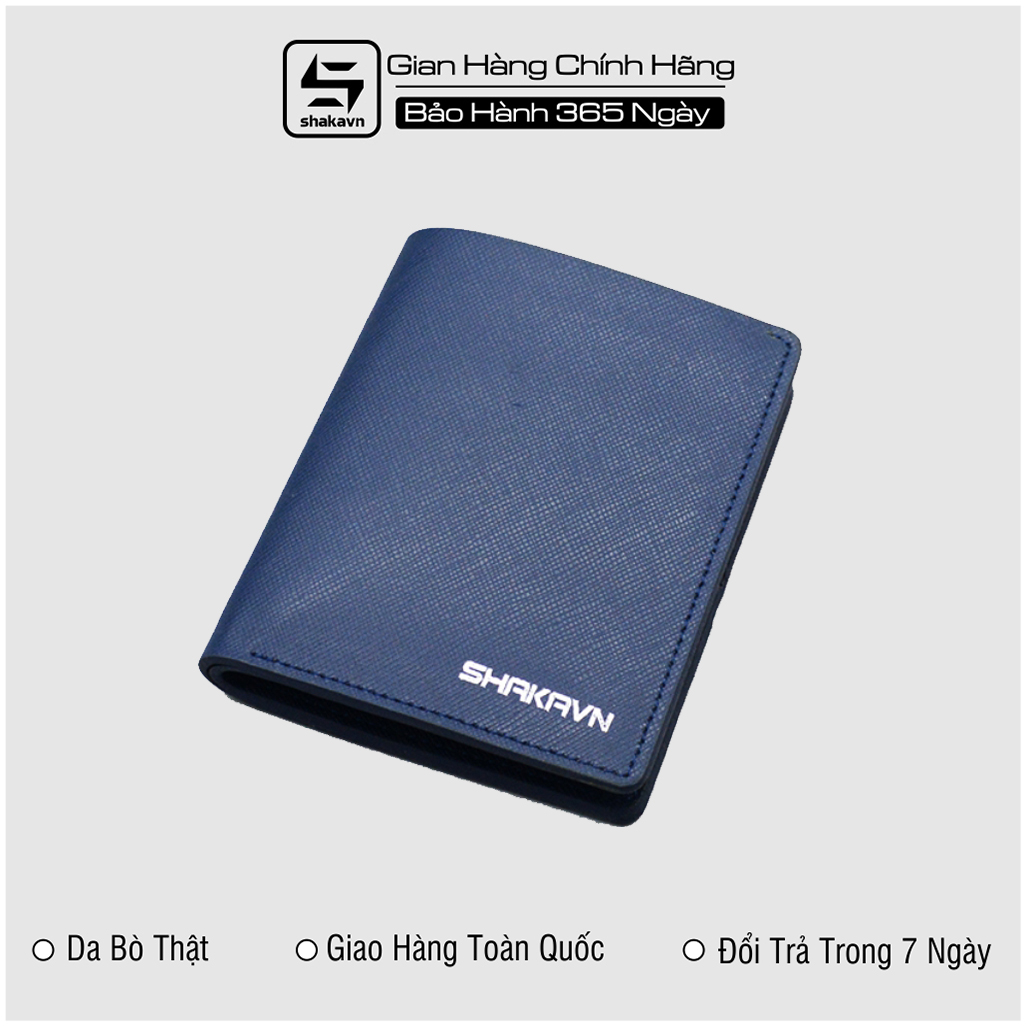 Ví nam mini cầm tay nhỏ gọn đựng thẻ dáng đứng da bò thật Shakavn SMB202 (xanh navy)