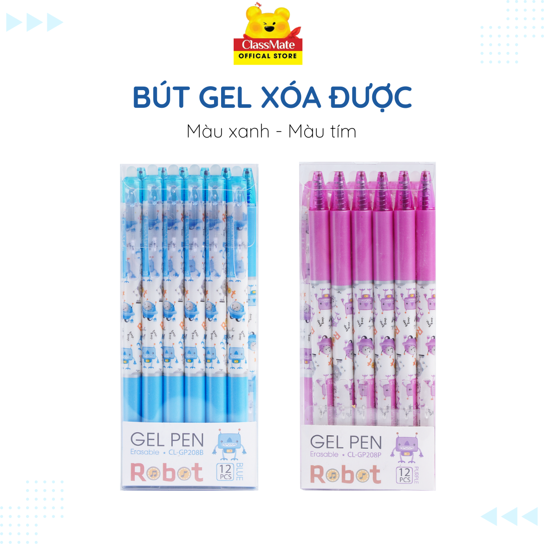 Bút gel xóa được Classmate ngòi 0.5mm, bút gel màu tím và màu xanh, bút nét trơn mực đều CL-GP208