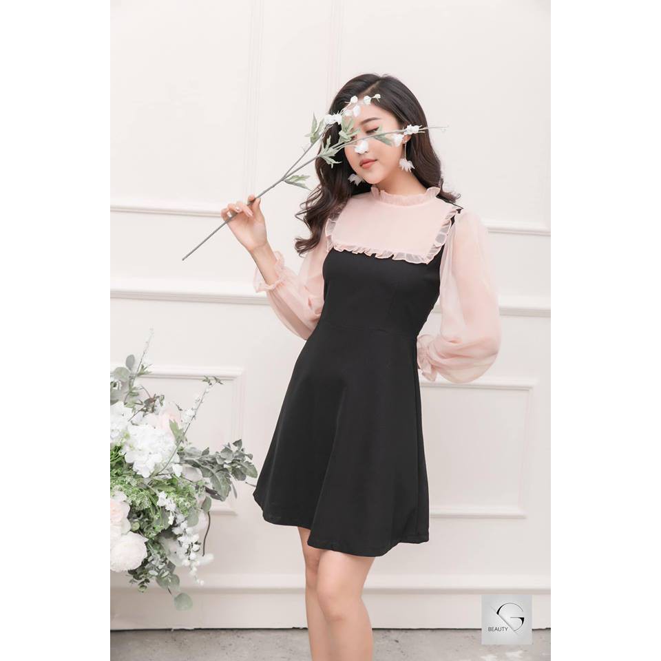 G Beauty Đầm xòe đen phối tay hồng tiểu thư