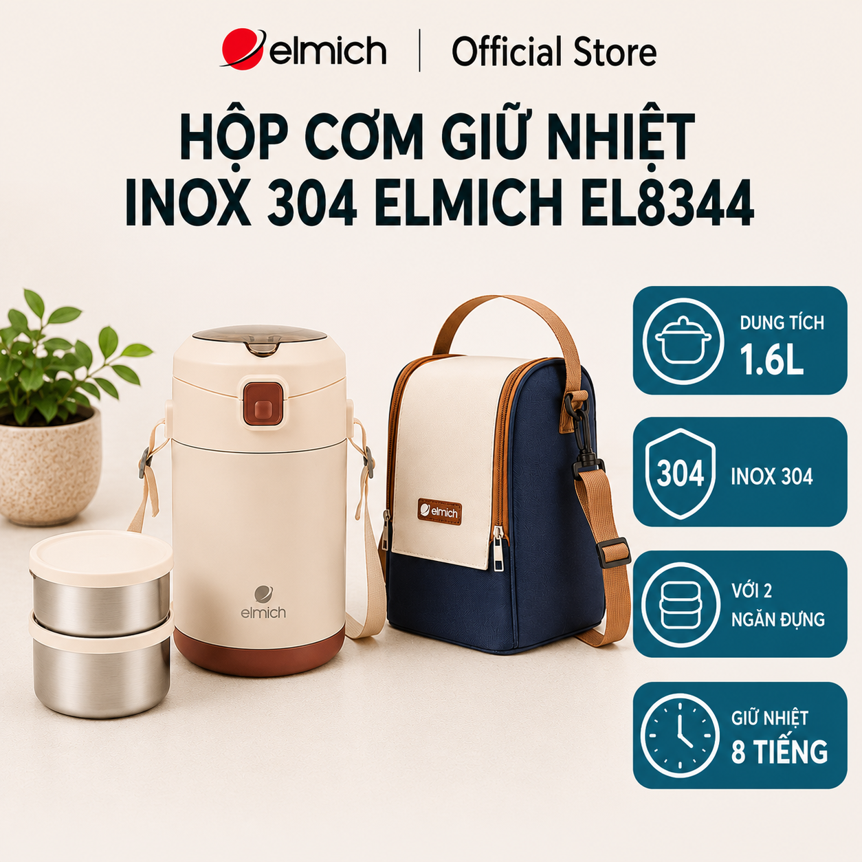 (Chỉ 25-29.07)Hộp cơm giữ nhiệt inox 304 Elmich dung tích 1.6L EL8344