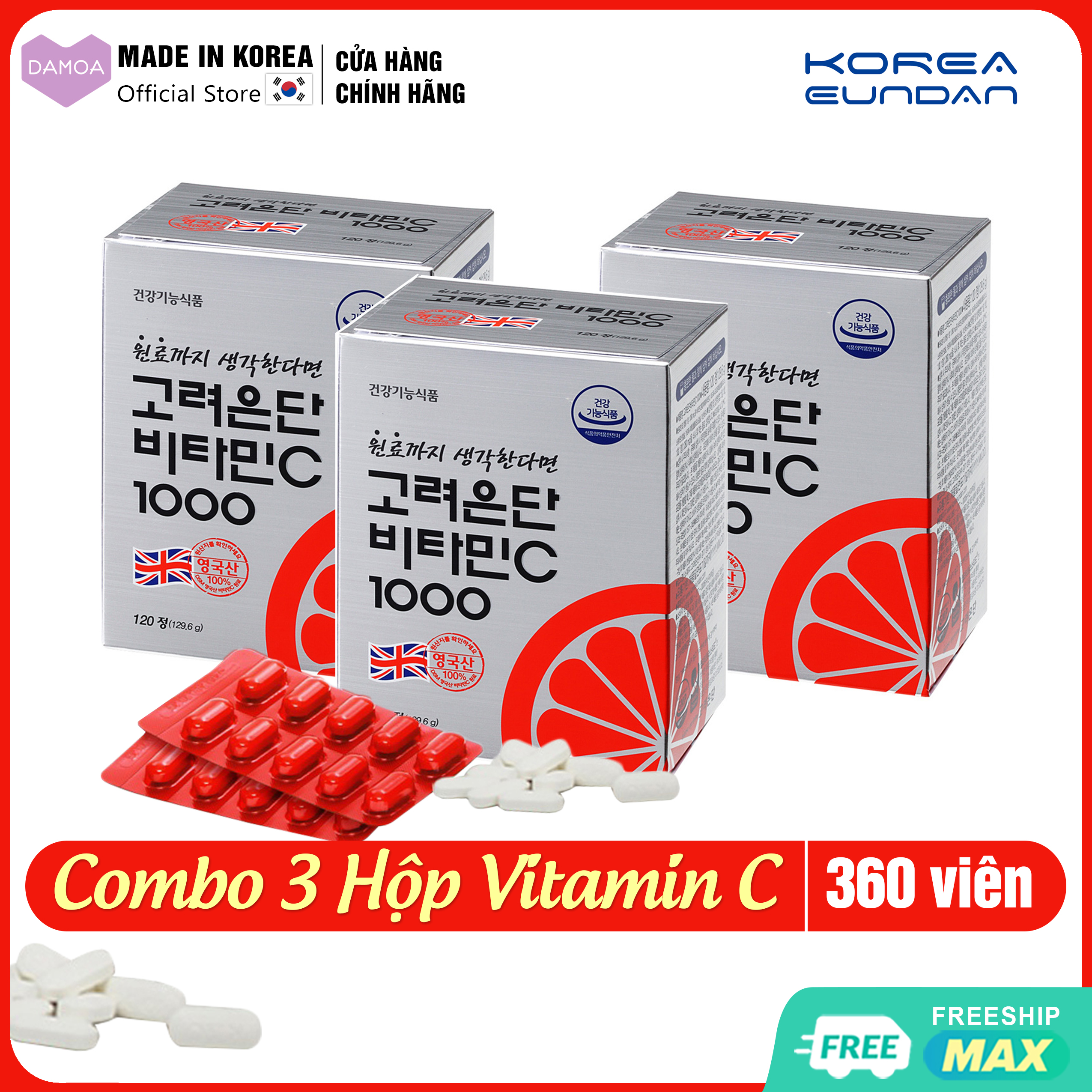 Combo 3 Hộp Vitamin C 1000 KOREA EUNDAN Hàn Quốc - Đẹp da, Tăng sức đề kháng, Chống lão hóa (360 viên Uống 1 năm)
