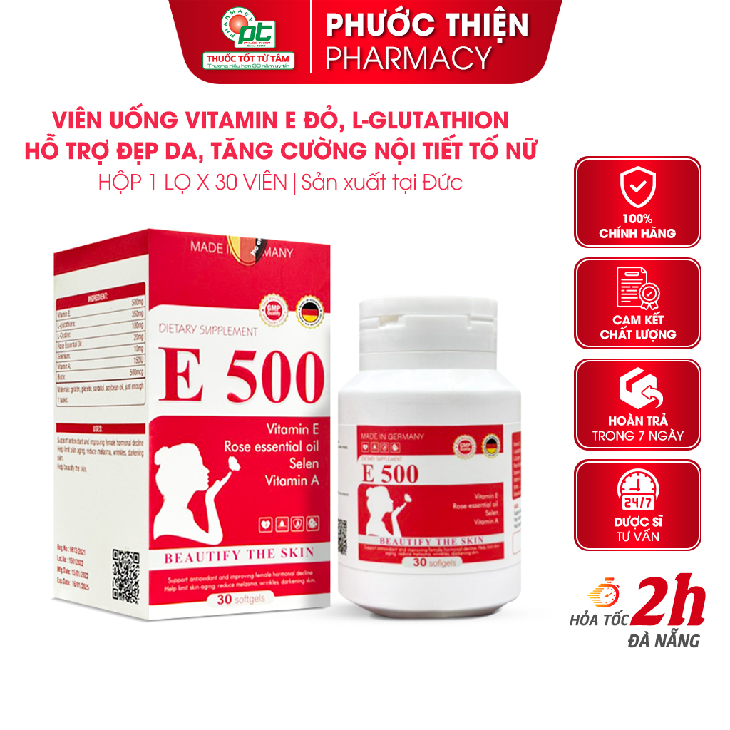 Vitamin e đỏ 500mg, glutathione E 500 đỏ nhập khẩu chính hãng Đức - đẹp da