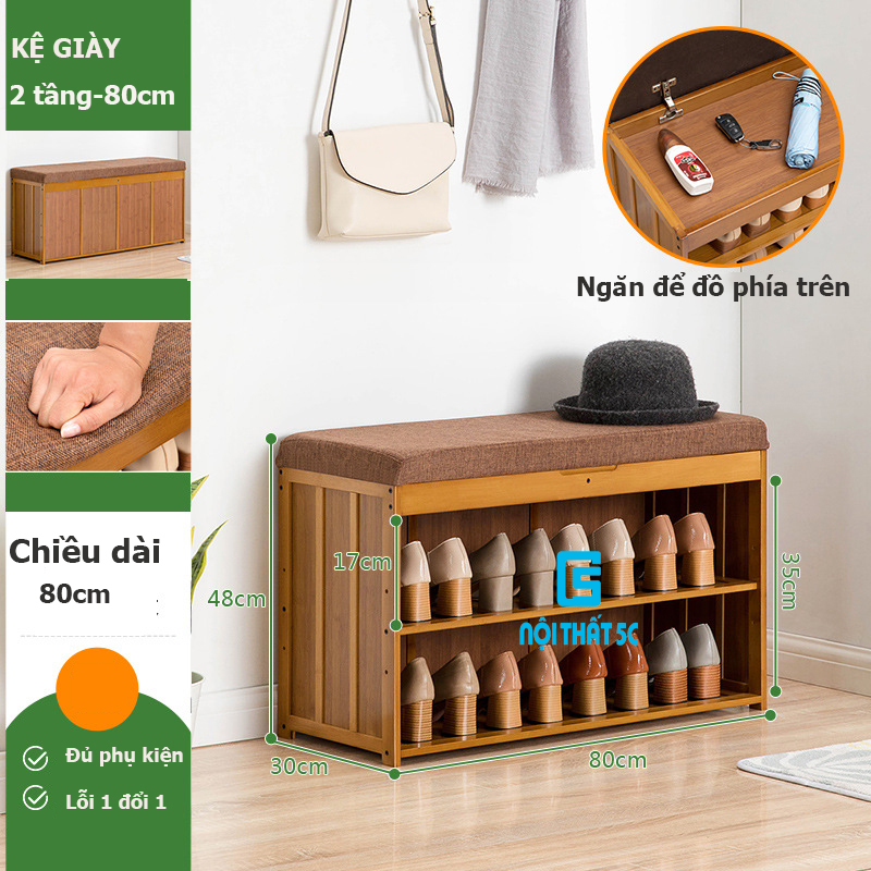 Tủ giày thông minh nhiều ngăn có đệm, tủ đề giày dép gỗ tre tự nhiên chống mối mọt