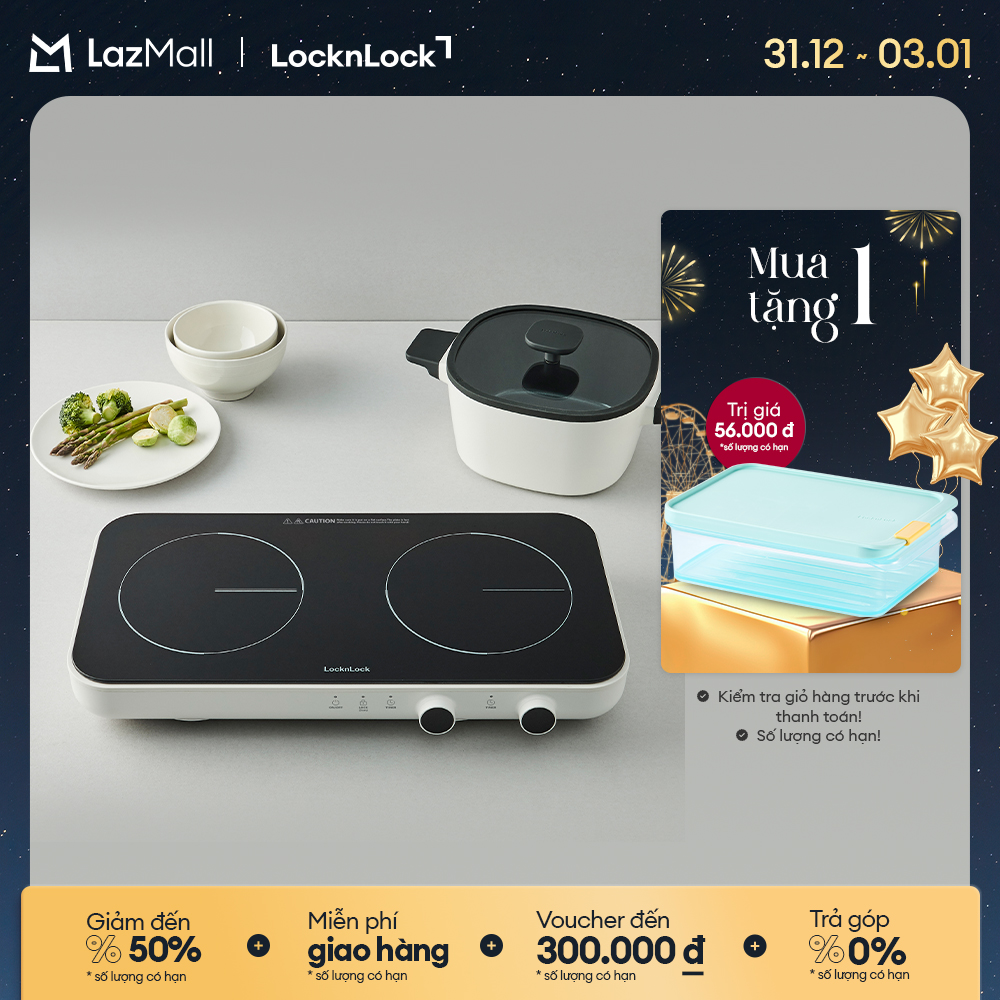 Bếp Điện Từ Đôi LocknLock EJI326WHT - Nhỏ Gọn Mặt Kính Khóa An Toàn Hẹn Giờ 