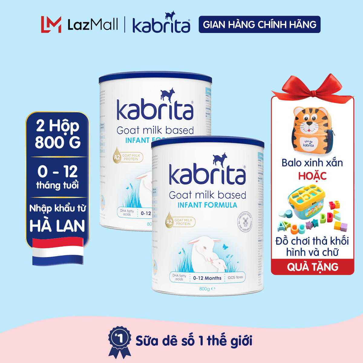 Combo 2 lon sữa dê kabrita cho trẻ từ 0 - 12 tháng - lon 800g