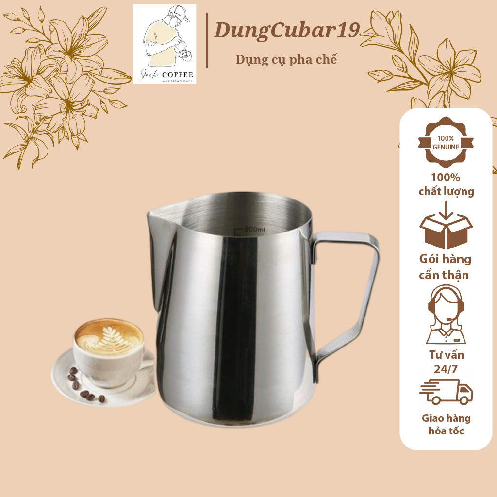 Ca đánh sữa inox 300ml - 600ml - 1000ml - 1500ml - 2000ml cao cấp, cốc đánh bọt sữa không gỉ