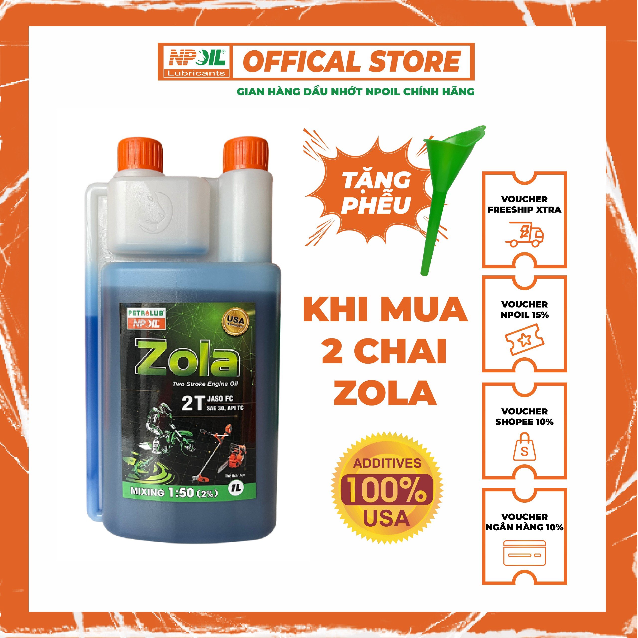 Dầu Động Cơ 2 Thì Petro Zola - Chai 1L - Màu Xanh + Mua 2 tặng phễu rót nhớt - NPOIL