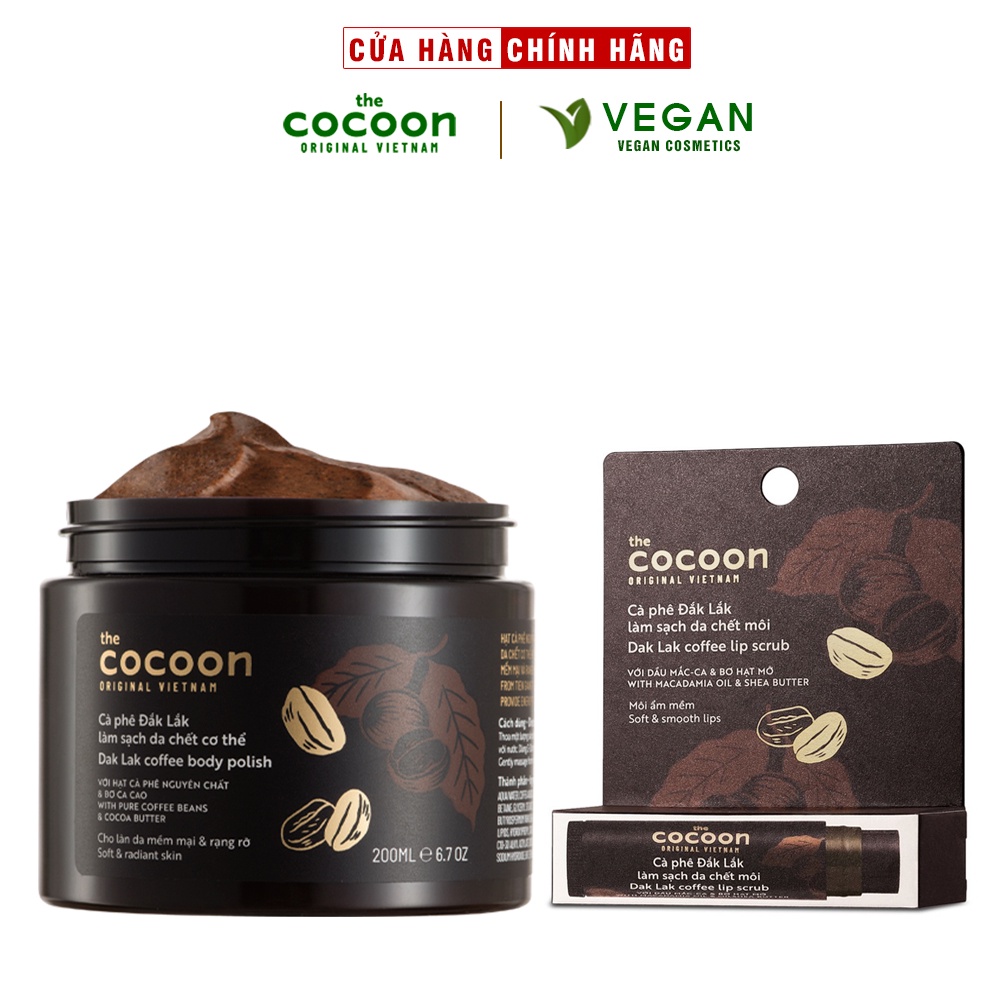 Combo Cà phê Đắk Lắk làm sạch da chết cơ thể Cocoon 200ml + Son tẩy da chết môi cà phê Đắk Lắk Cocoon 5g