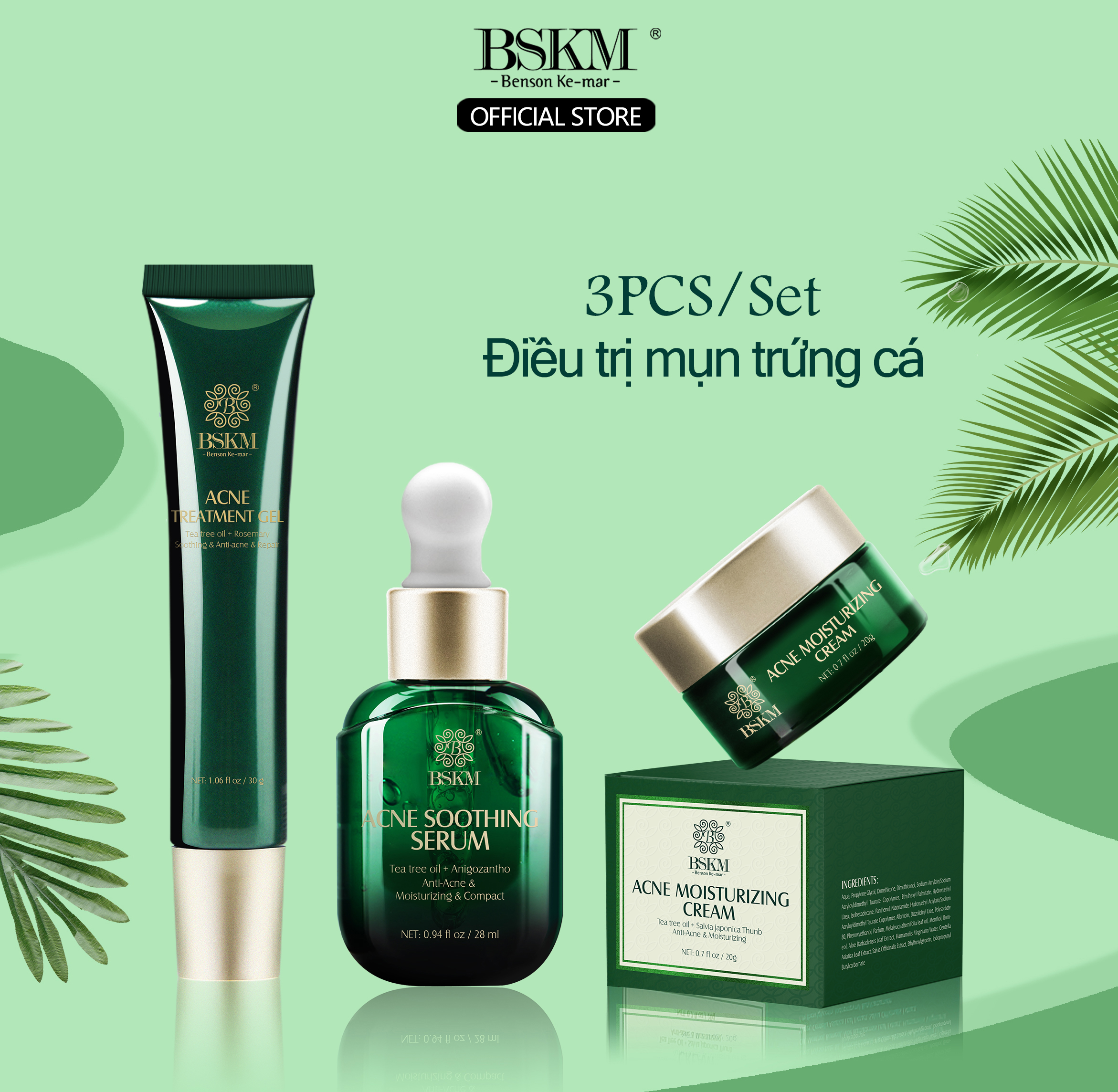Bskm 3 bộ giảm mụn chăm sóc da serum chấm mụn + kem dưỡng da mặt + gel tẩy mụn tinh dầu tràm trà lớp xẹp mụn