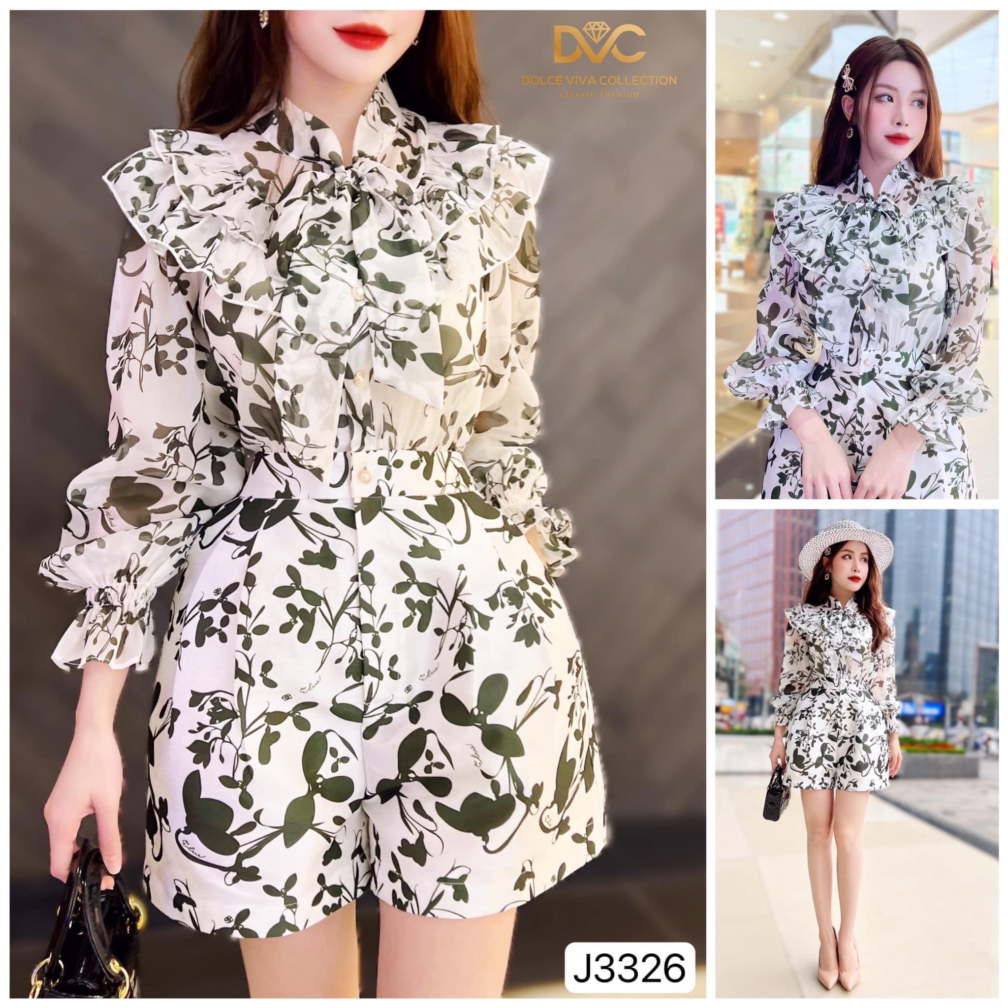J3326 Jum tơ phối tafta quần short ngắn cạp cao jum hoạ tiết lá cổ V nơ nữ tính