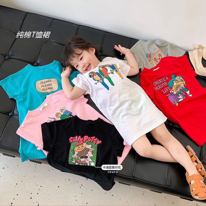 Váy Đầm Thun Cotton Dáng Suông Hoạ Tiết Hoạt Hình Cho Bé
