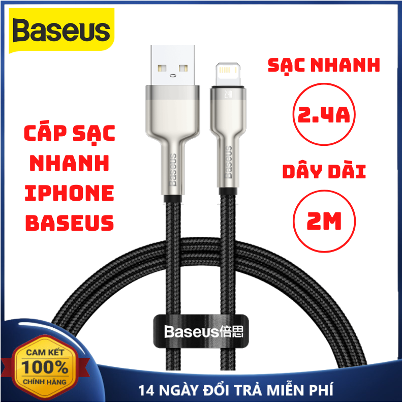 Cáp sạc nhanh iphone baseus usb to lightning 2.4a đầu bọc kim loại dây sạc nhanh iphone dài 2m