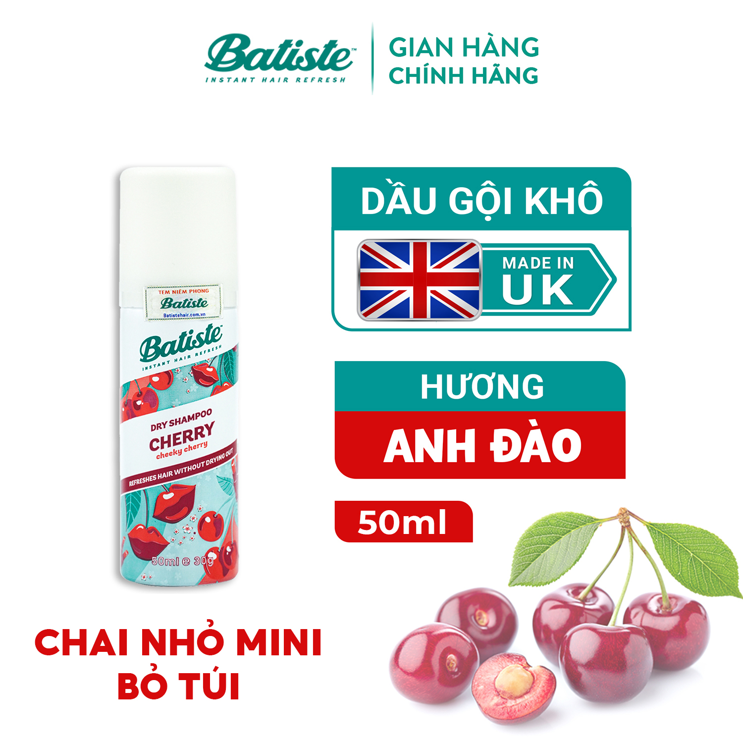 Dầu Gội Khô Hương Anh Đào - Batiste Dry Shampoo Fruity & Cheeky Cherry 50ml