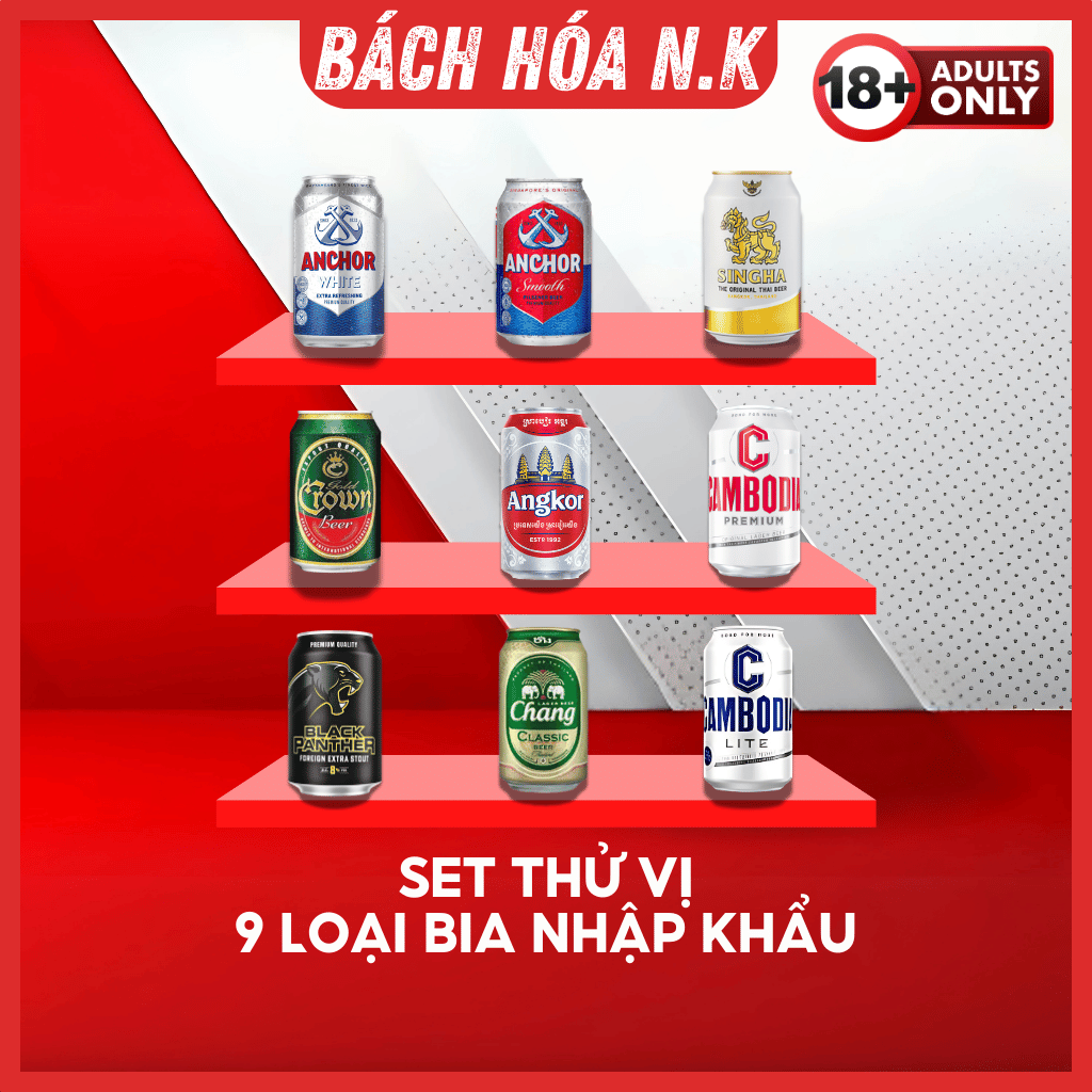 Bia Nhập Khẩu - Combo Thử Vị 9 Loại [Cambodia-Blackpanther 8%-Anchor Bạc-Anchor Đỏ-Crown-Singha-Angkor-Chang