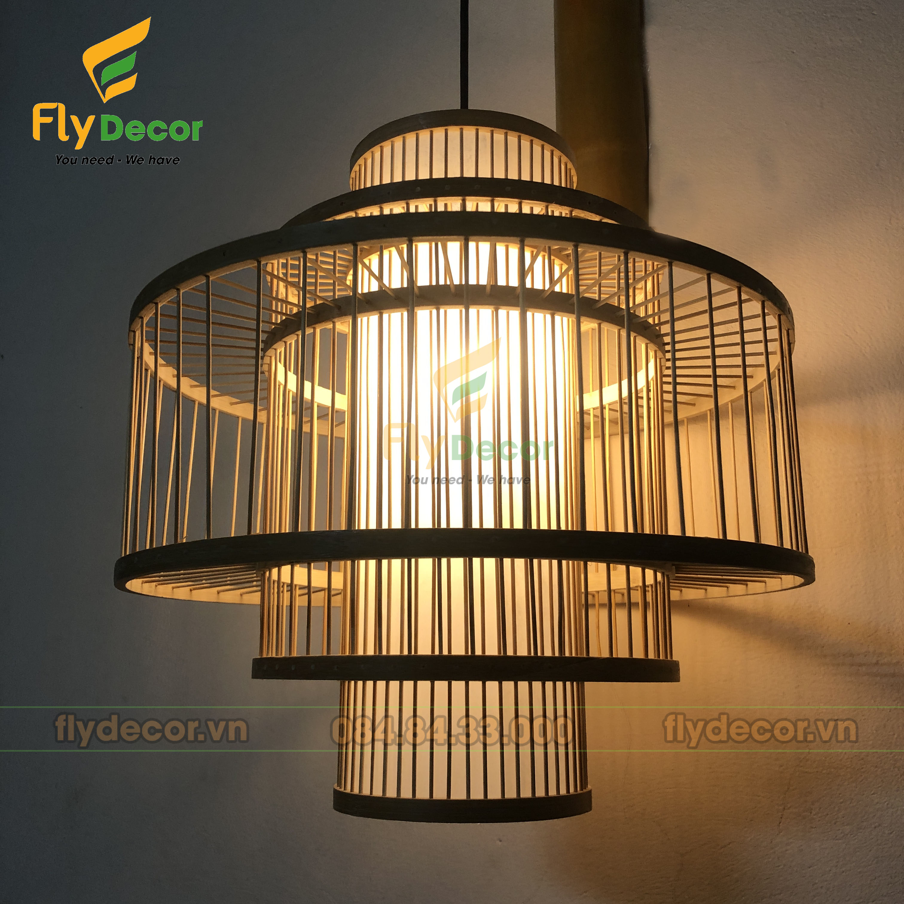 Đèn mây tre thả trần lồng tăm 3 tầng hình bánh Gato - Flydecor