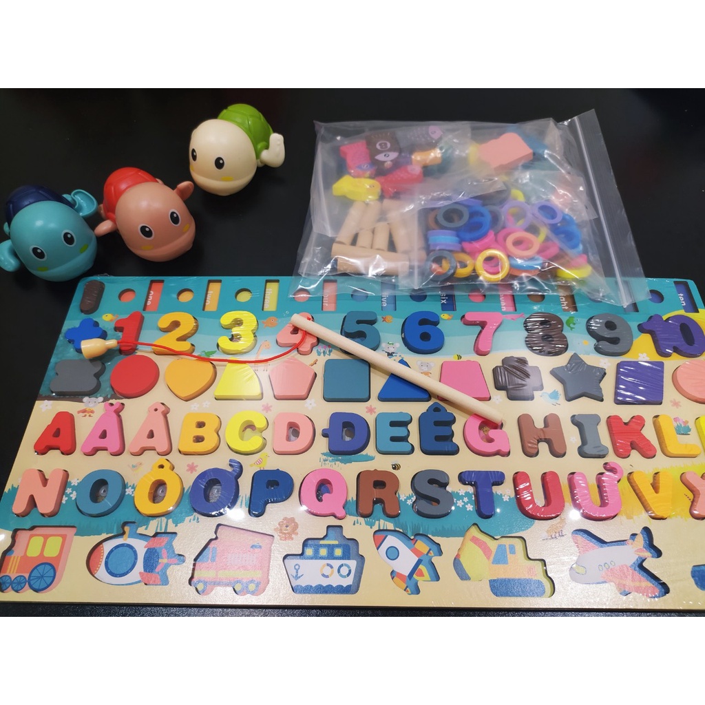 Bộ đồ chơi câu cá bảng chữ cái và ghép số học chữ số cho bé, bộ bảng số và chữ thông minh bằng gỗ, phương tiện, 6in1....