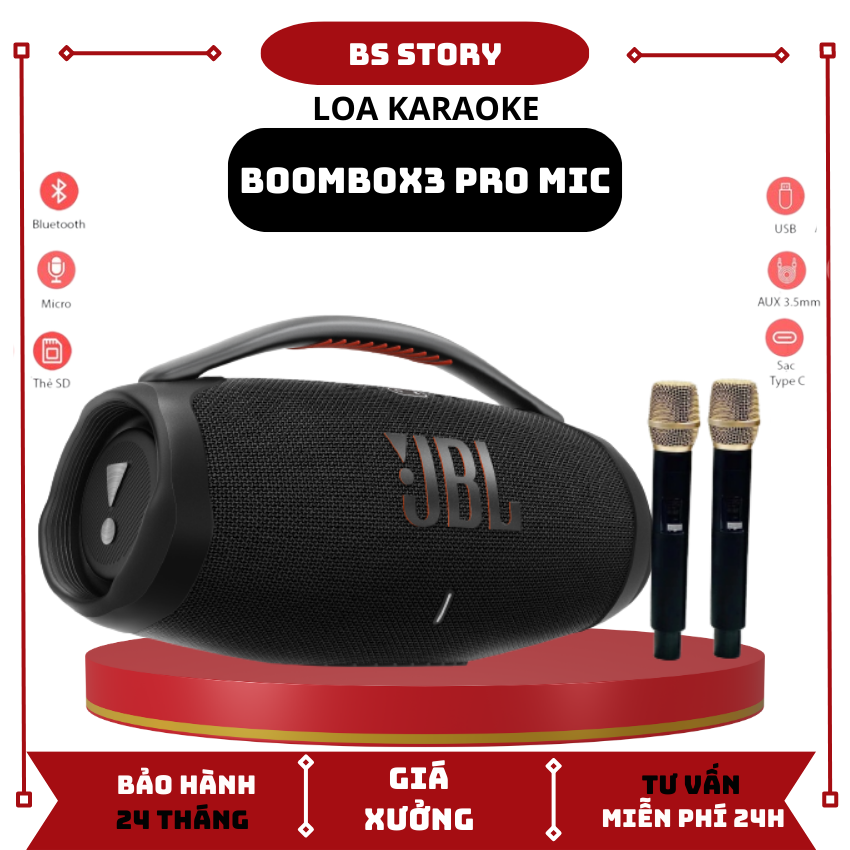 [ TẶNG KÈM MIC ] Loa Karaoke JBL Boombox 3 Pro - Loa Karaoke Bluetooth Âm Thanh Siêu Bass Cực Mạnh - Tích Hợp 2 Mic Không Dây, Công Suất Lớn, Kết nối Bletooth 5.2 Chống Nước Và Chống Va Đập - Âm Thanh Cực Hay - Bass Cực Đã Pin Khủng