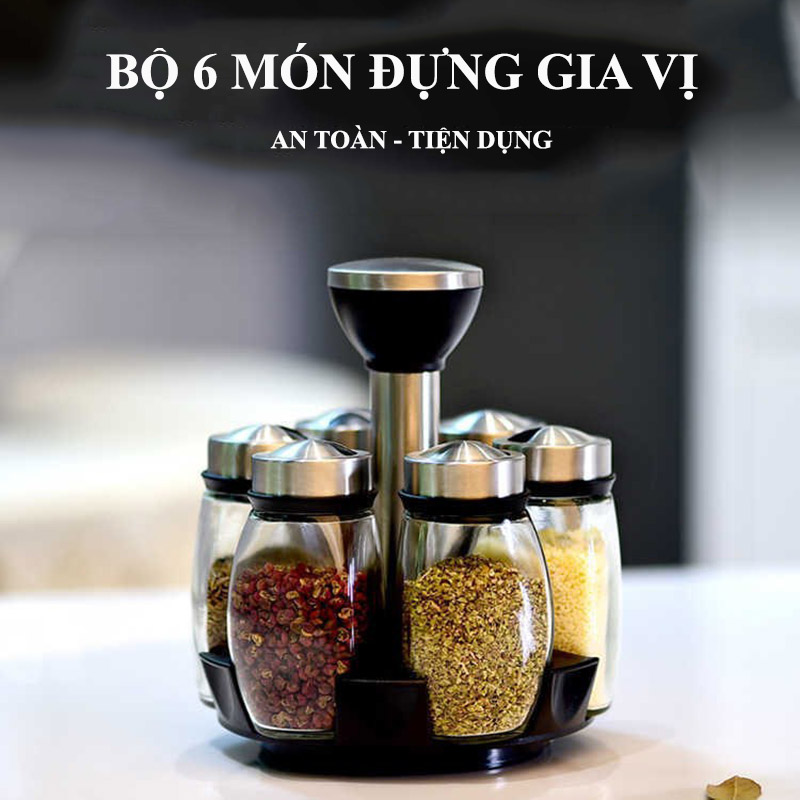 BỘ LỌ ĐỰNG GIA VỊ THỦY TINH, CHỐNG VỠ, KỆ GIA VỊ NHỎ THÔNG MINH, XOAY 360 ĐỘ TIỆN LỢI THIẾT KẾ PHÙ HỢP VỚI MỌI KHÔNG GIA BẾP