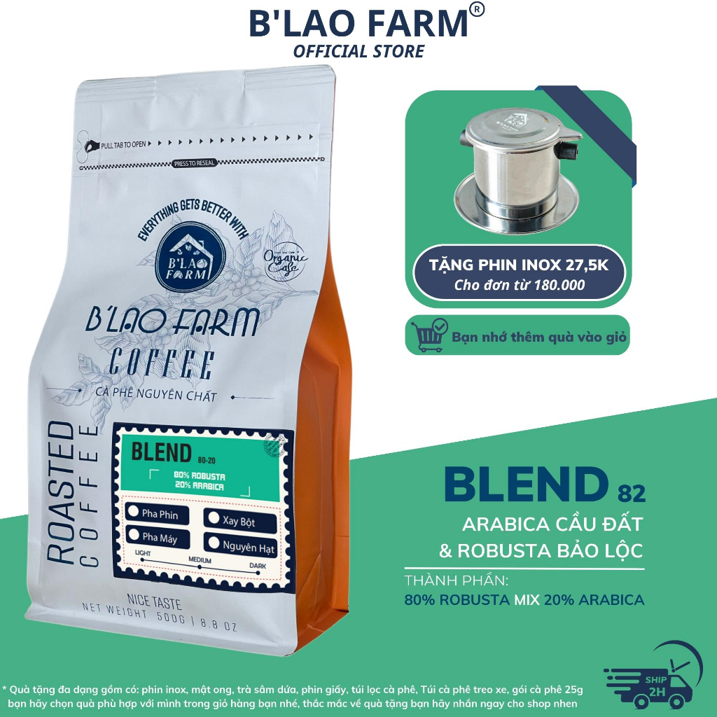 Cà phê rang xay nguyên chất Blend 80% Robusta và 20% Arabica B lao Farm
