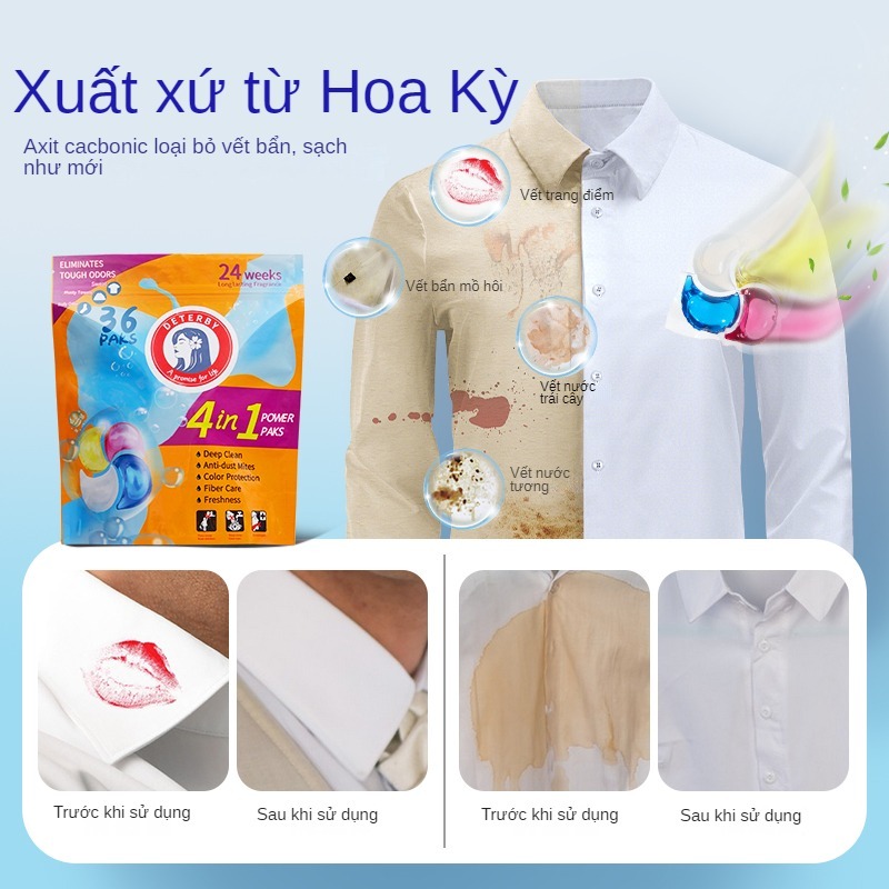 Túi viên giặt DETERBY 4in1 Hương tinh tế Nâng cấp mới, giữ hương lâu dài 36 viên- Xuất xứ từ Hoa Kỳ