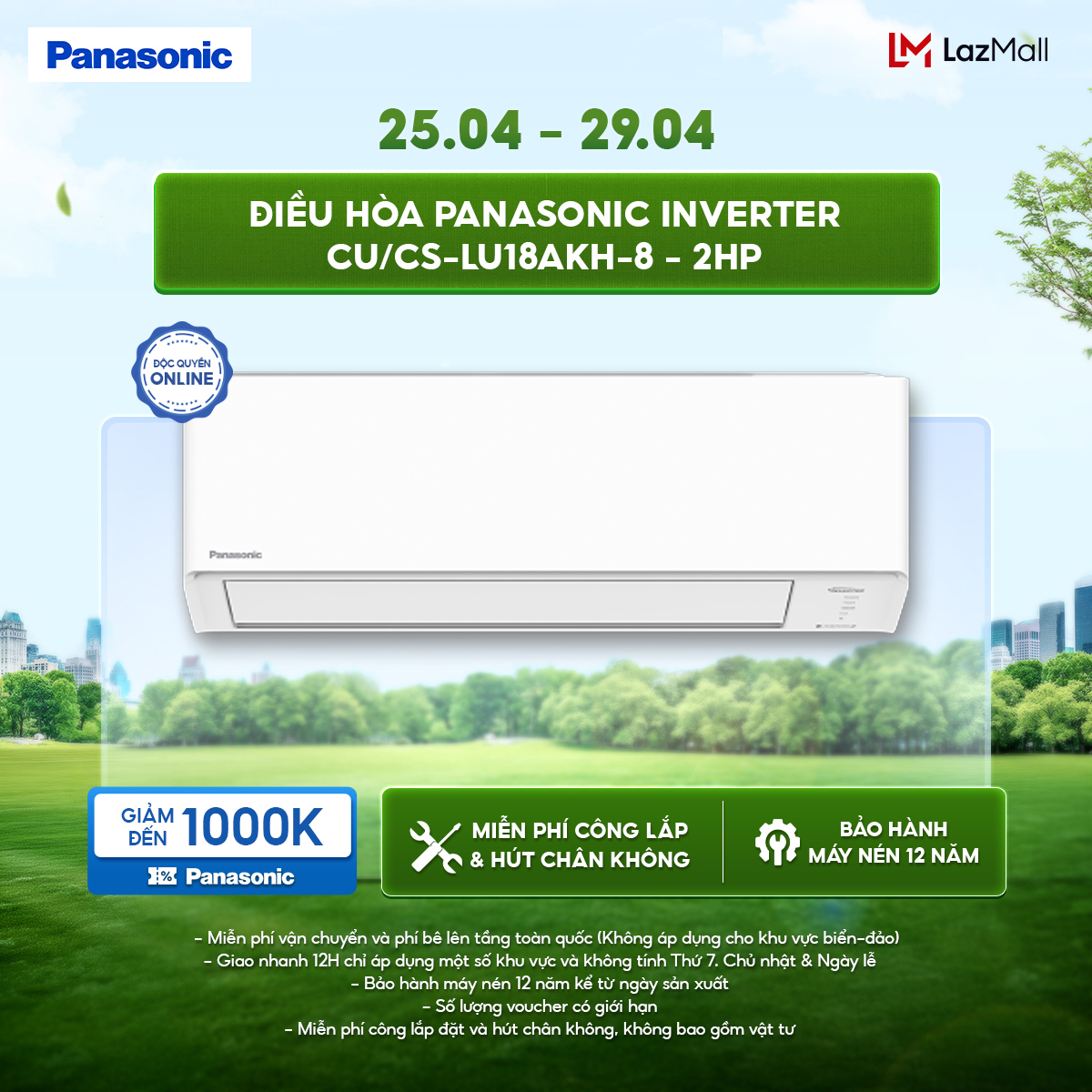[SẴN HÀNG MIỀN NAM] Điều hòa Panasonic Inverter CU/CS-LU18AKH-8 - 2HP - Một chiều - Eco AI - Lọc sạch không khí NanoeX - Wifi