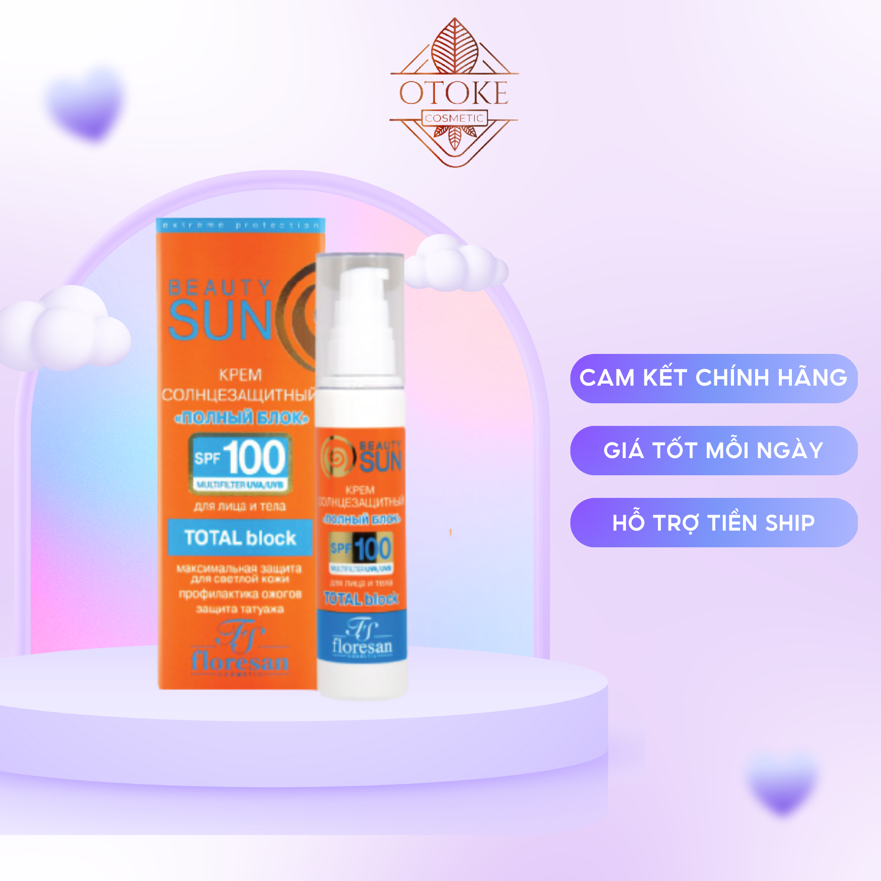 Kem chống nắng Floresan Beauty Sun Total Block SPF 100 chống nắng phổ rộng, chống nước