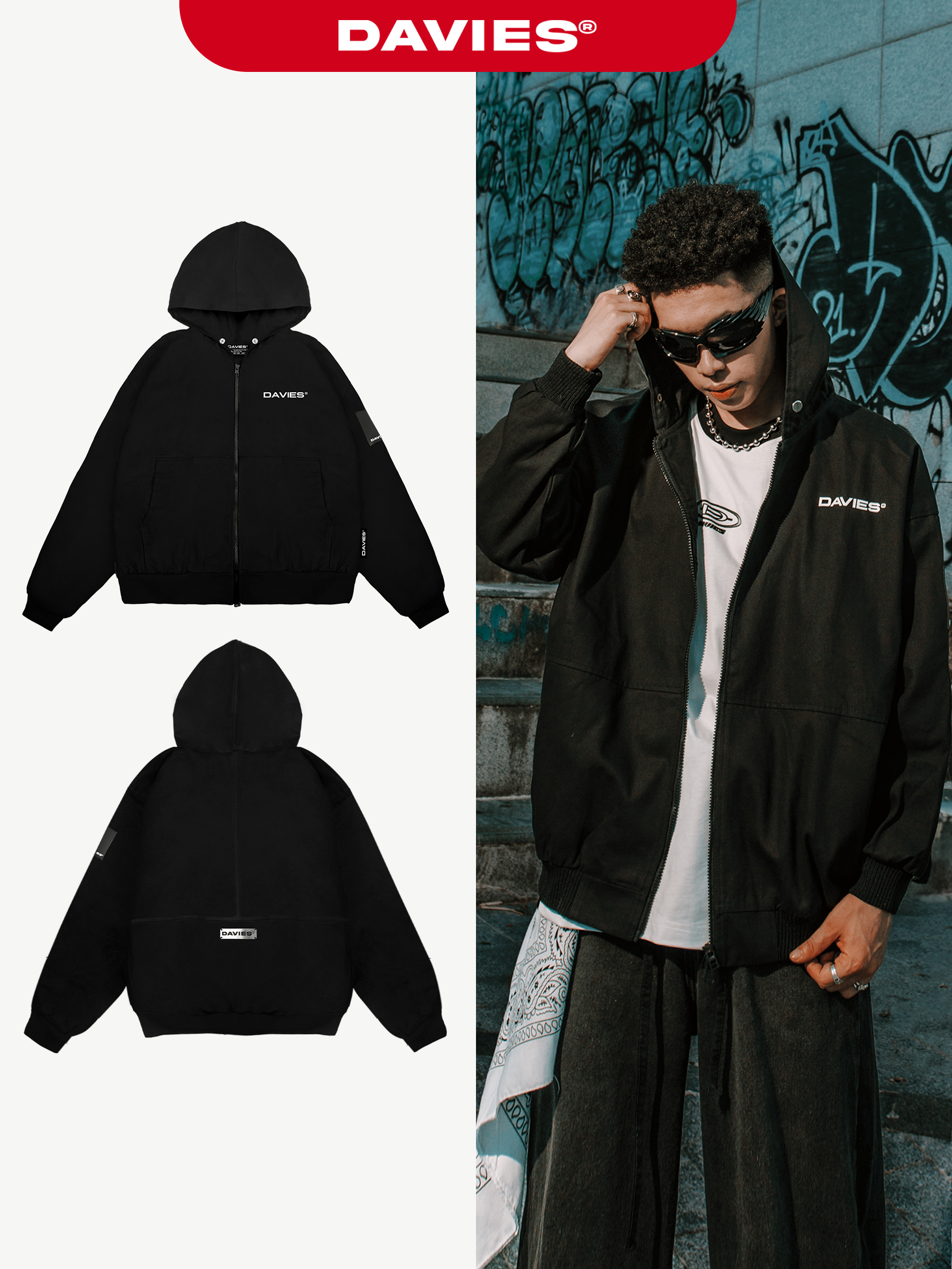 Áo khoác kaki có mũ nam nữ DAVIES màu đen form rộng đẹp Hooded Jacket local brand | D31-AK1