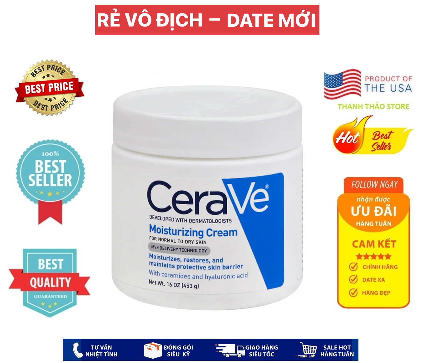 USA Official Kem dưỡng ẩm Cerave Moisturizing Cream cho da thường và da
