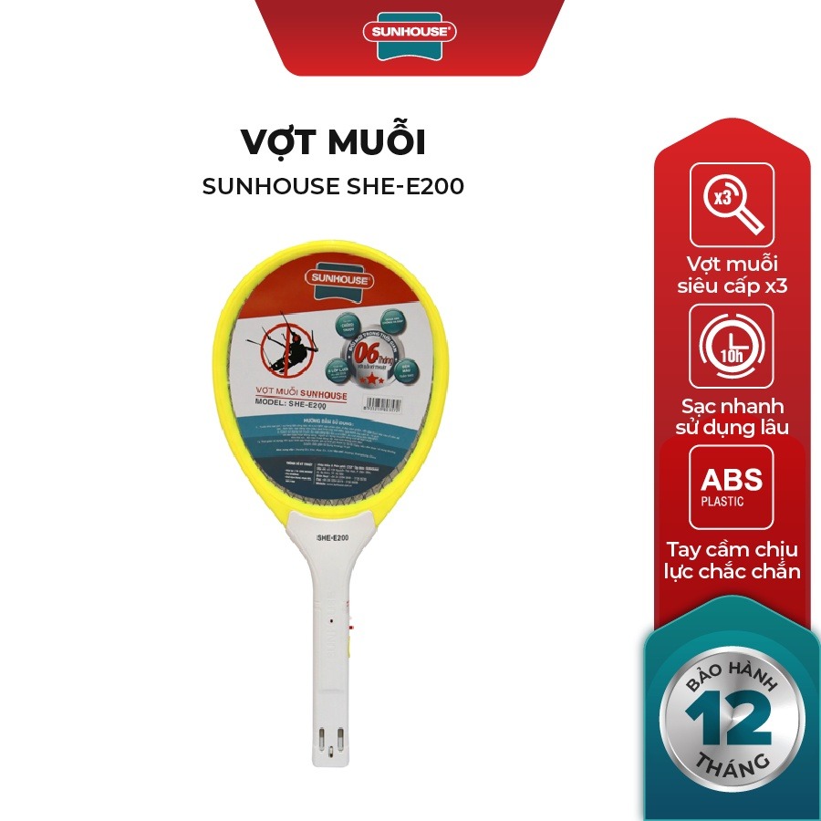 Vợt muỗi điện Sunhouse SHE-E200 cao cấp Vợt muỗi Sunhouse SHE-E200 màu vàng, vợt muỗi Sunhouse tích hợp đèn báo sạc tiện dụng