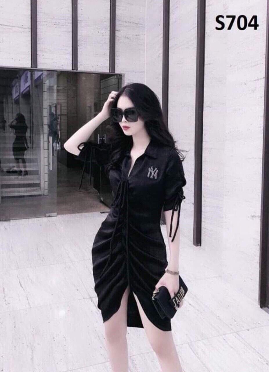 Đầm body cổ áo sơ mi tay áo cột nơ kết hợp túi xách cực xinh