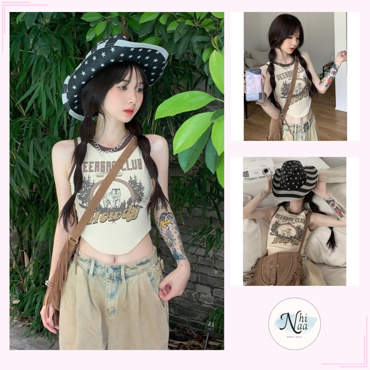 Áo croptop 3 lổ nhinaa store, dáng ôm vạt bầu, viền phối màu in hình hoạ tiết beerbro club a5586