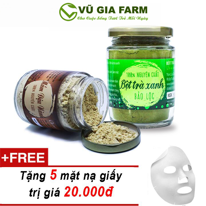 Combo Bột Trà Xanh + Mầm Đậu Nành - Nguyên Chất Vũ Gia + Tặng 5 Mặt Nạ Giấy - Hỗ trợ đắp mặt nạ dưỡng da, tẩy tế bào chết, xóa mờ thâm nám tàn nhang - Đã được kiểm nghiệm y tế