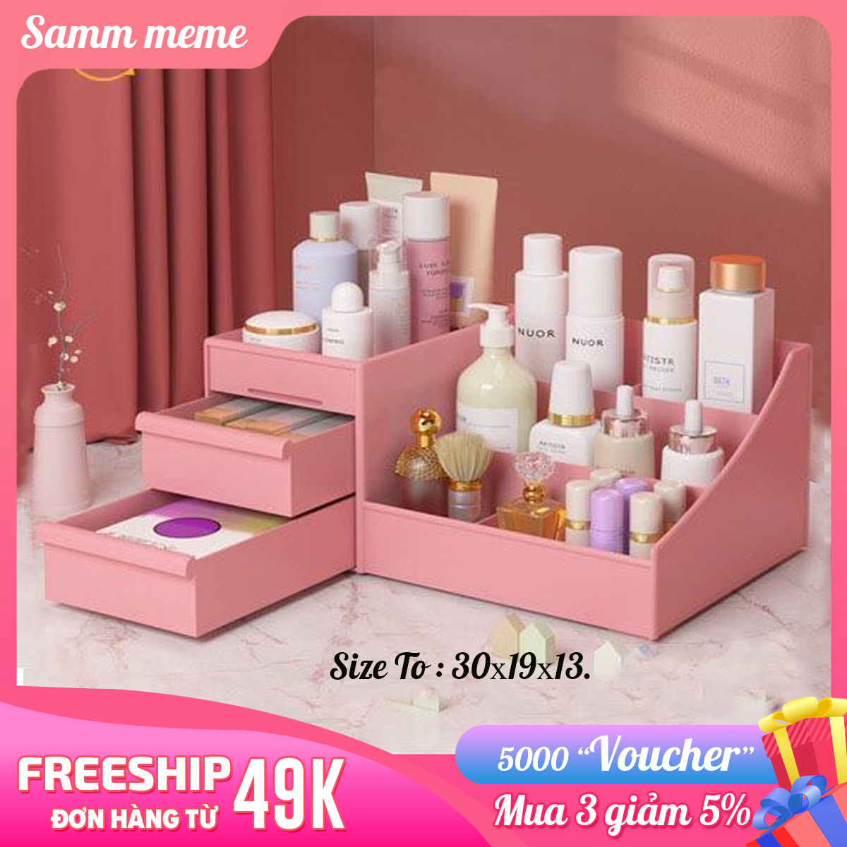 Kệ để son, kệ đựng mỹ phẩm 3 tầng Size To có ngăn kéo tiện dụng