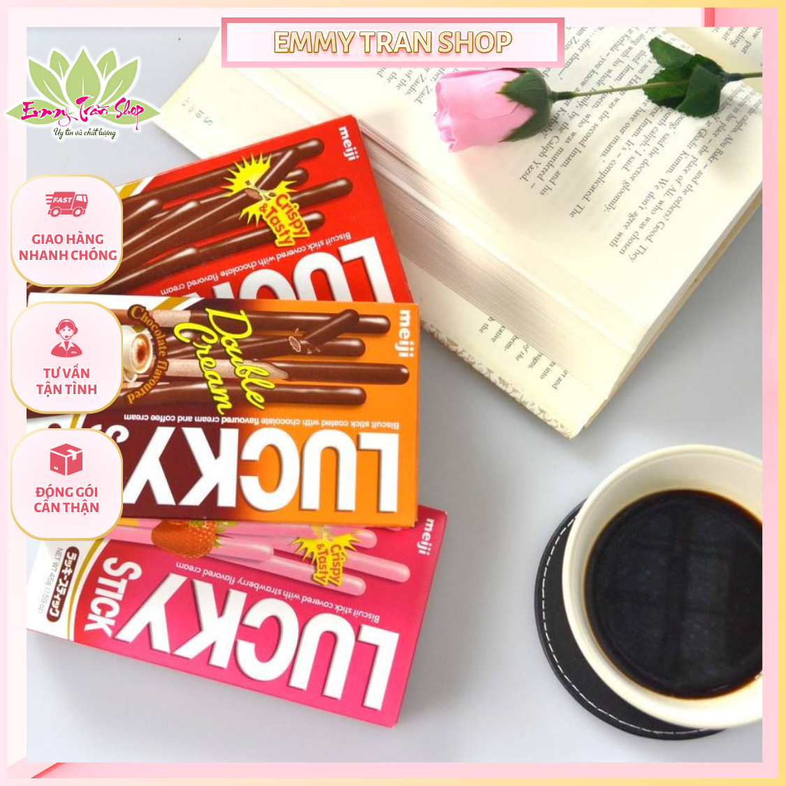 Bánh Que Phủ Kem Meiji Lucky Stick Vị Socola/ Vị Dâu/ Vị Coffee & Socola, Nhập khẩu Indonesia - Emmytran Shop