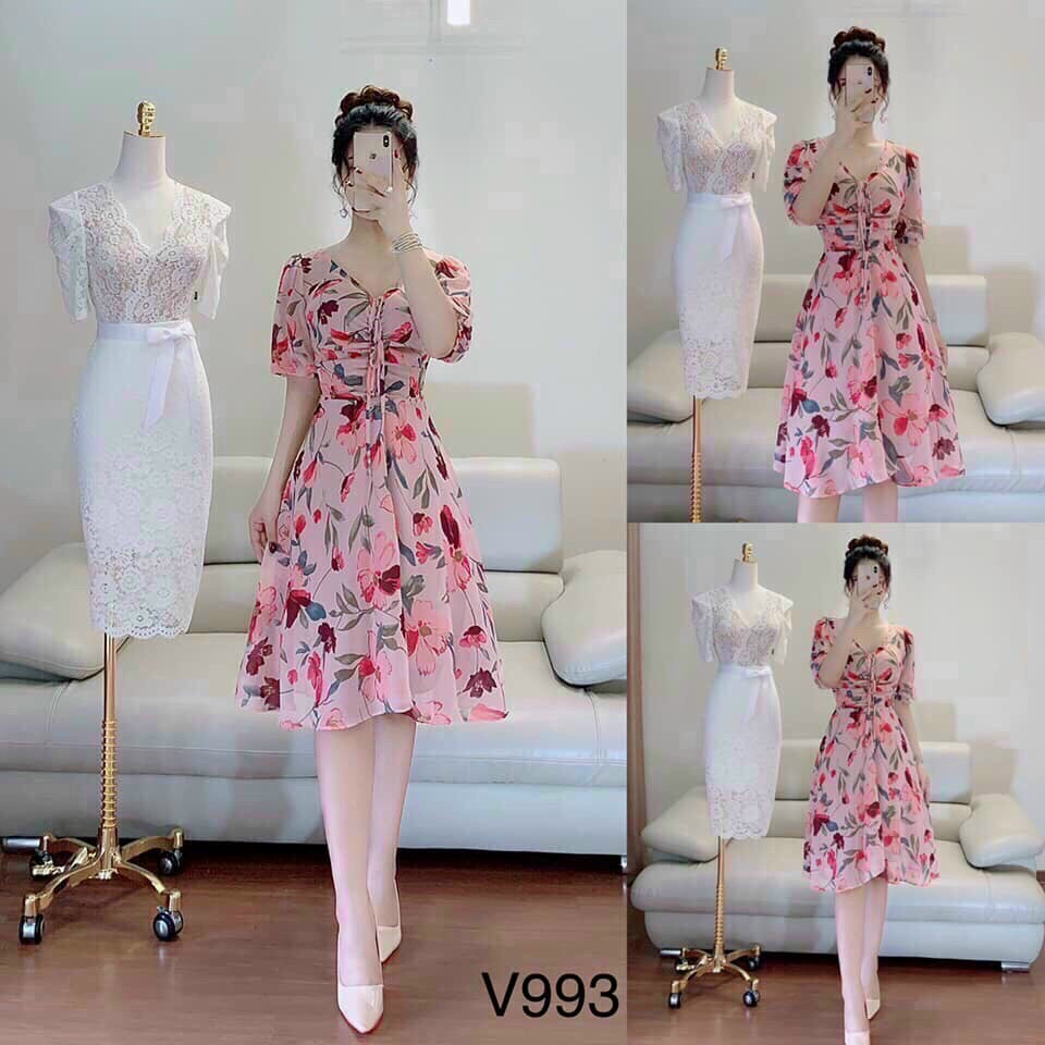 Đầm tay lỡ rút dây siêu xinh chất voan hoa màu y hình qcs