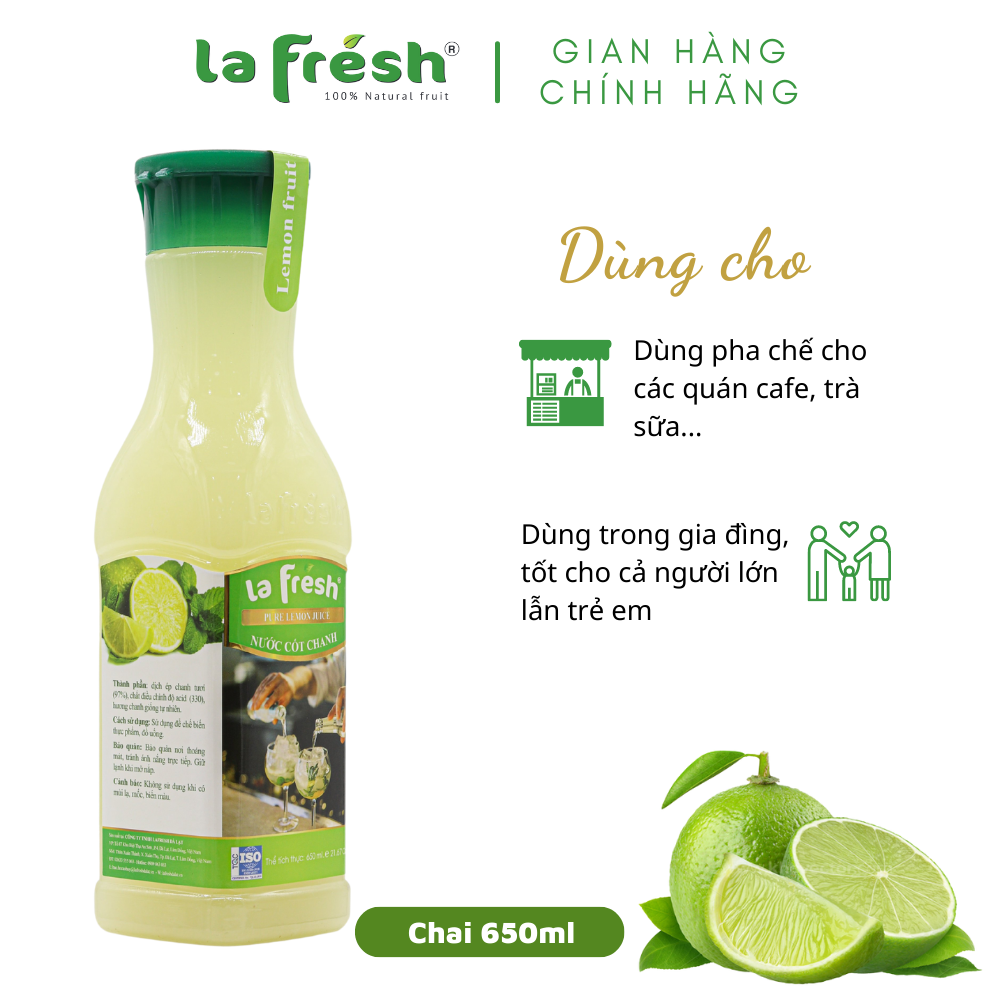 Nước cốt chanh vắt không đường Lafresh Đà Lạt chai 650ml