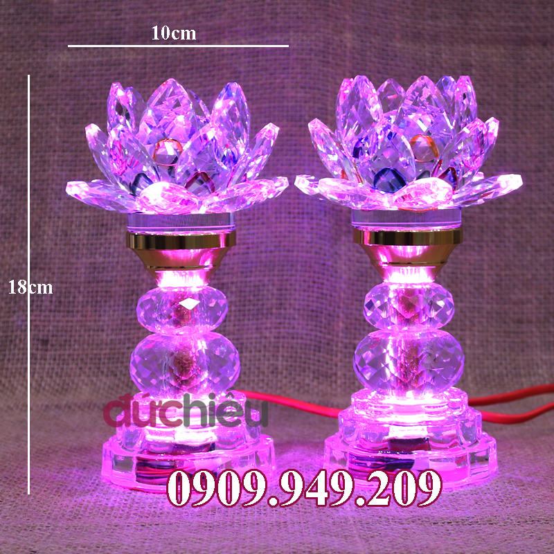 Đèn thờ cúng hoa sen thủy tinh 2 mạch led cao 18cm - 052