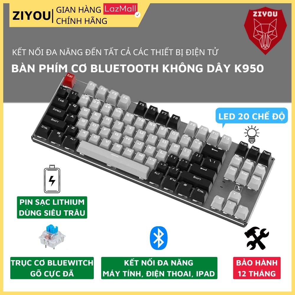 Bàn Phím Cơ Bluetooth Không Dây K950 Cao Cấp 2023, LED 20 Chế Độ Nháy, Phím Cơ Gõ Siêu Thích, Sử Dụng Pin Sạc Lithium Dùng Cực Lâu, Kết Nối Đa Năng Tương Thích Với Tất Cả Các Thiết Bị Máy Tính, Laptop, Điện Thoại, Ipad - ZIYOU